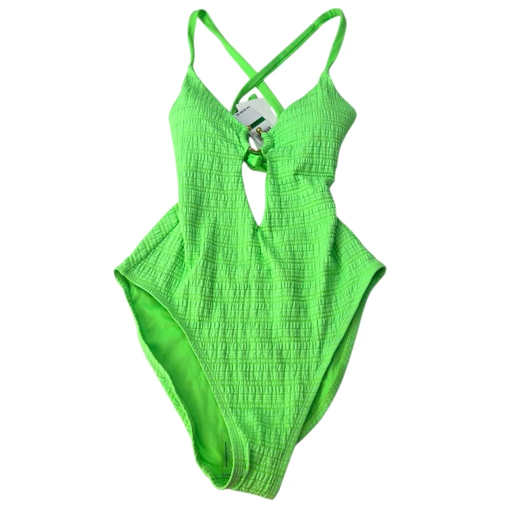 Becca Ariyah Cutout Plunge One Piece Swimsuit NEW Womens Large Neon Green Gold - Picture 3 of 11